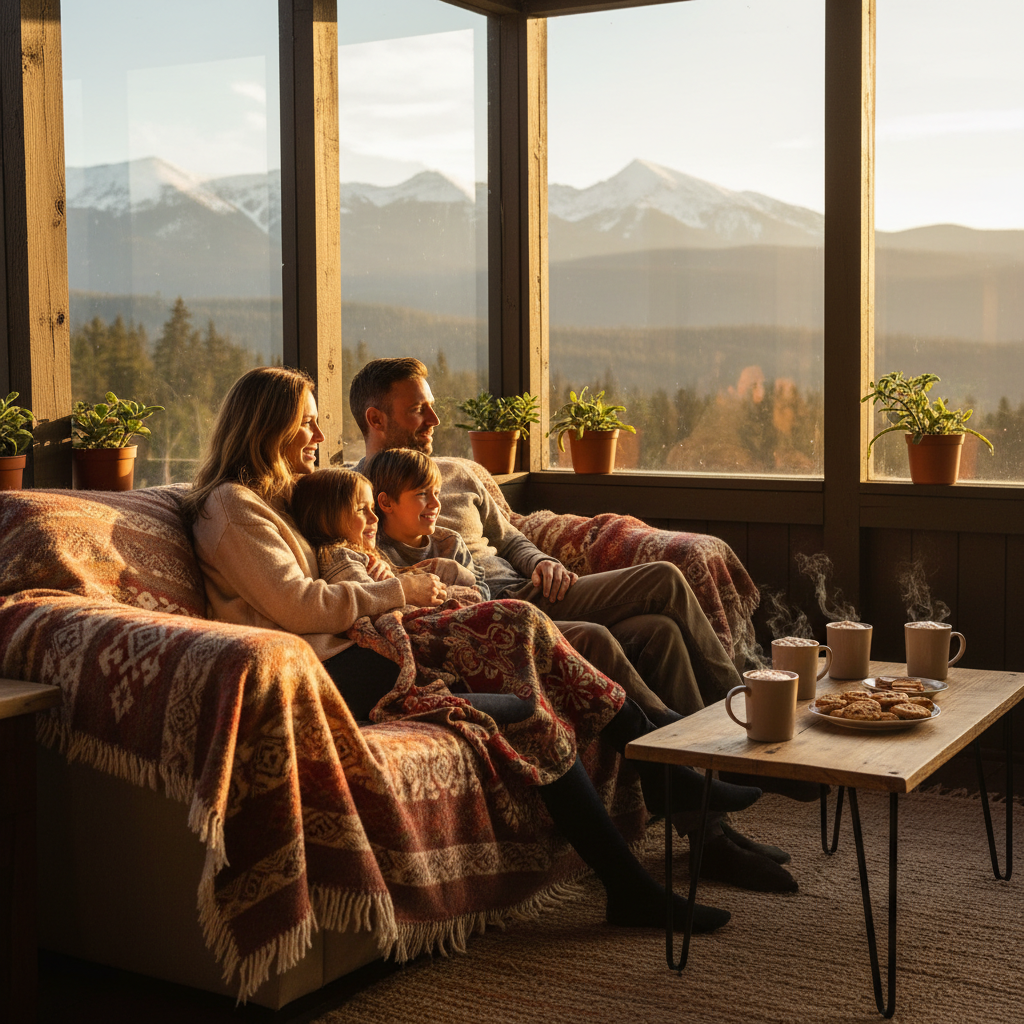 Family relaxing on an enclosed porch with mountain views at a North Conway motel, calm wind-down time