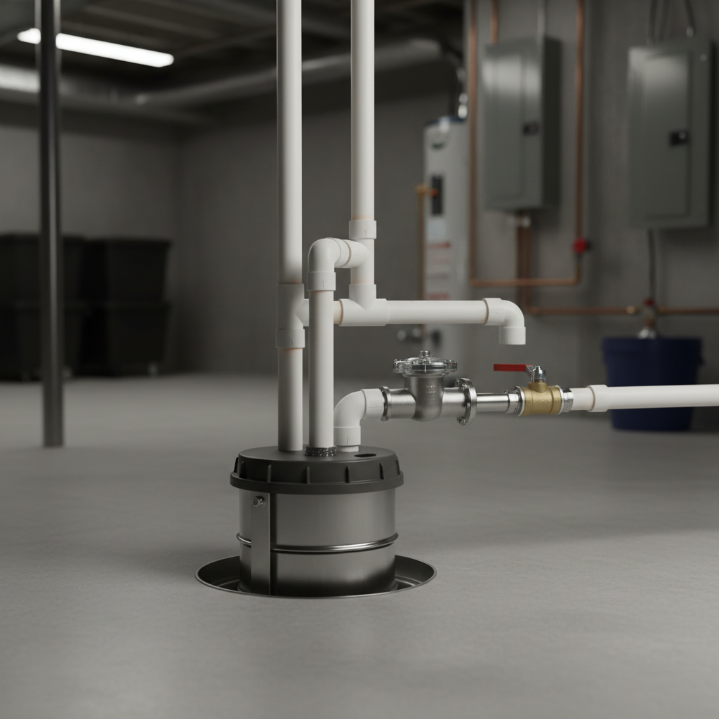 Close-up of sump pump and backwater valve in an Ontario basement, illustrating water damage prevention for a complete home insurance checklist Ontario