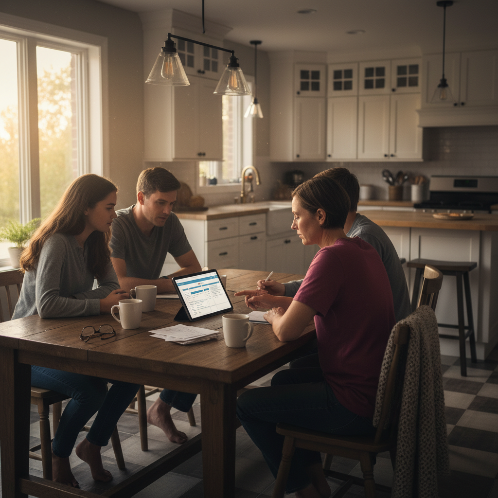 Family in Whitby kitchen reviewing an Ontario home insurance checklist on a tablet with coffee, planning endorsements and limits