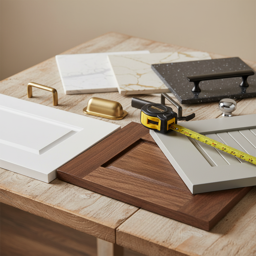 Kitchen Renovation: Plan Smart & Save Money Fast 1 Cabinet door and quartz countertop samples with hardware and tape measure for planning how to plan a kitchen renovation