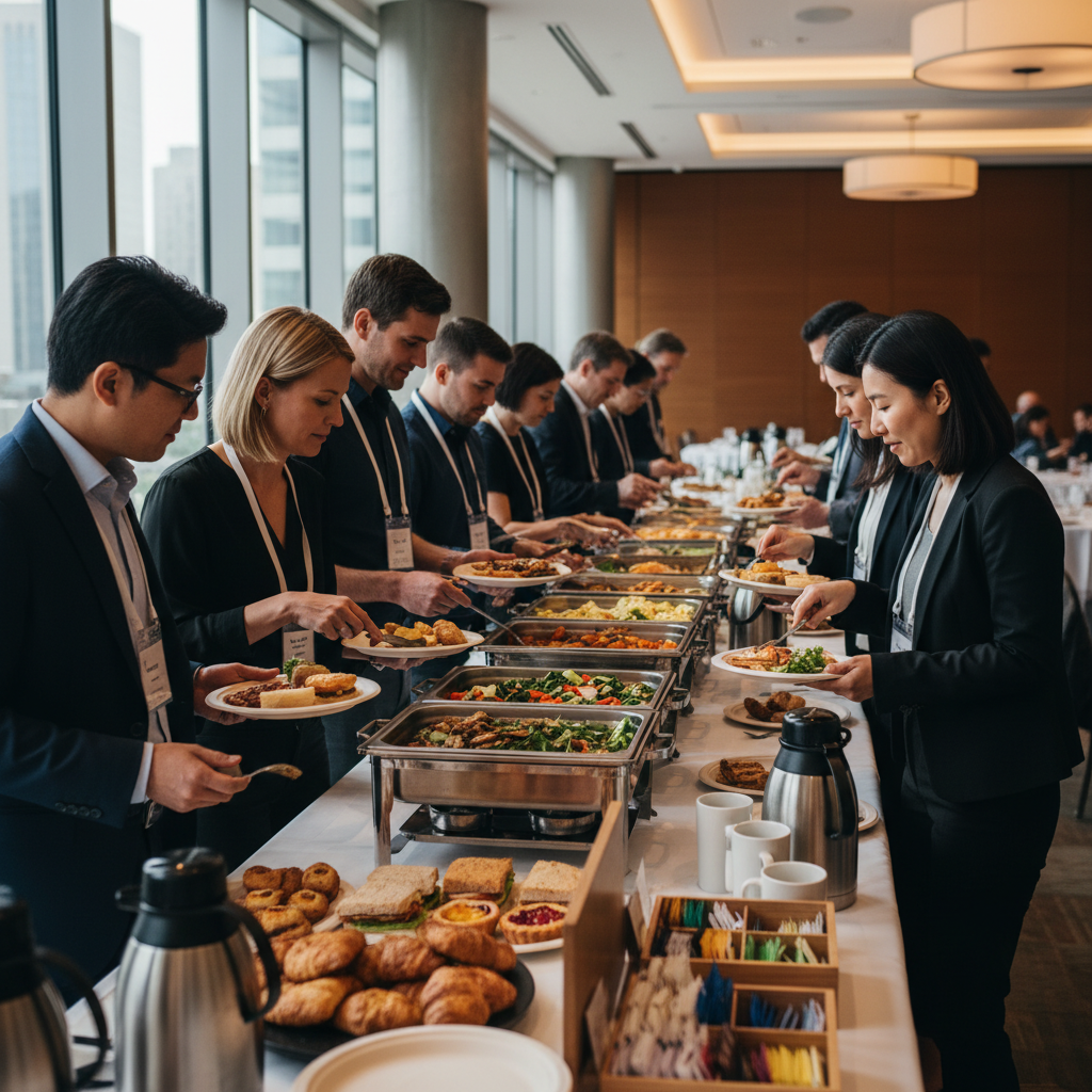 Attendees serving from a streamlined corporate lunch buffet line with coffee station and pastries during a conference breakout in Mississauga