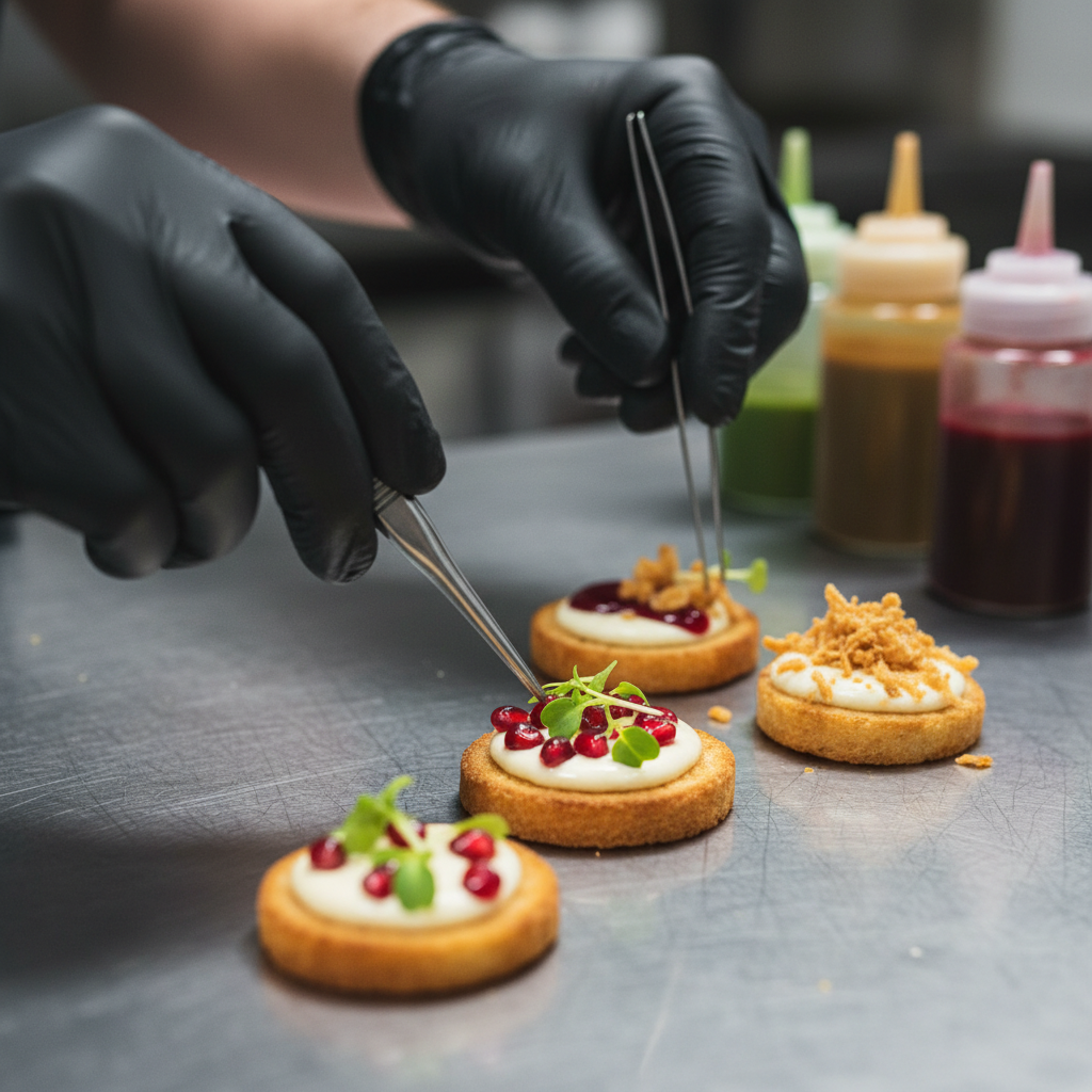 Chef plating vibrant bite-size canapés for a corporate reception at a Mississauga convention center, illustrating detailed appetizer options for corporate catering menu options