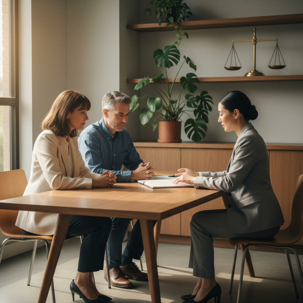 Mediation session in Brampton discussing property division after divorce with a neutral mediator and two spouses, calm professional setting