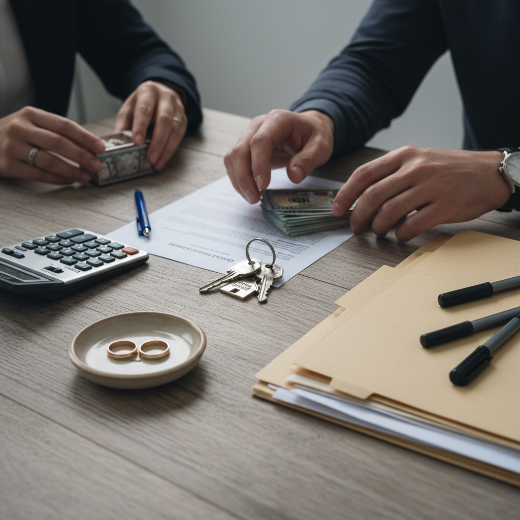 Close-up of marital asset sorting for property division after divorce: rings, house keys, calculator, and legal folders on a table in a Brampton law setting