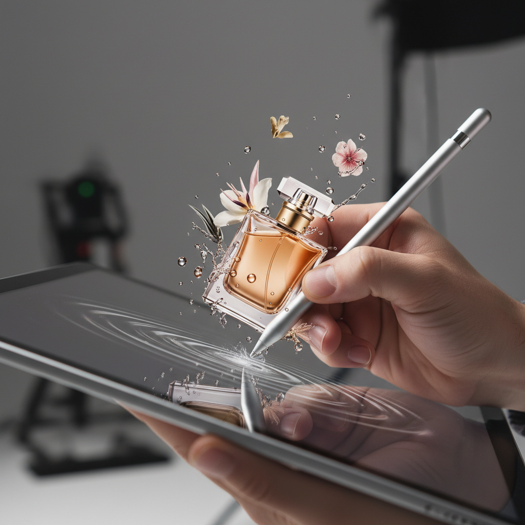Close-up of a designer refining AI-generated images for SEO content on a tablet with stylus and precise lighting for realistic composites