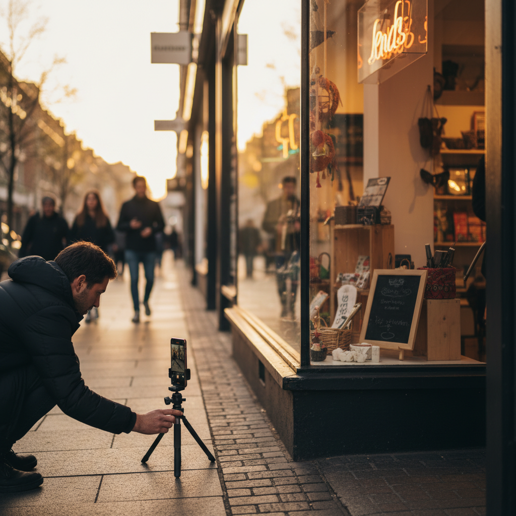Local SEO imagery: a U.S. small business storefront photographed at golden hour to complement AI-generated images for SEO content on location pages