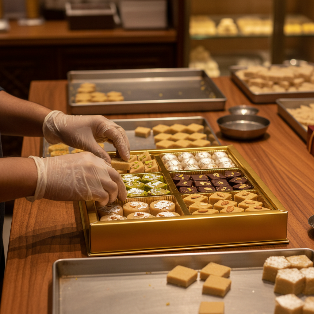 Halwai in Brampton packing assorted premium barfi into a gold gift box at The Mithai Maharaja, ready for weddings and corporate gifting