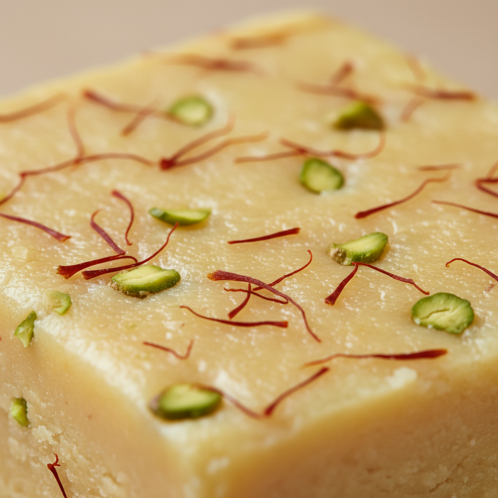 Close-up of kesar pista barfi with saffron and pistachios at The Mithai Maharaja in Brampton, showcasing the best barfi flavors