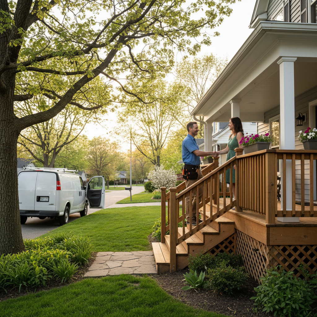Contractor greeting a homeowner beside a service van in a Whitby neighborhood, representing on-site professional service and insurance readiness