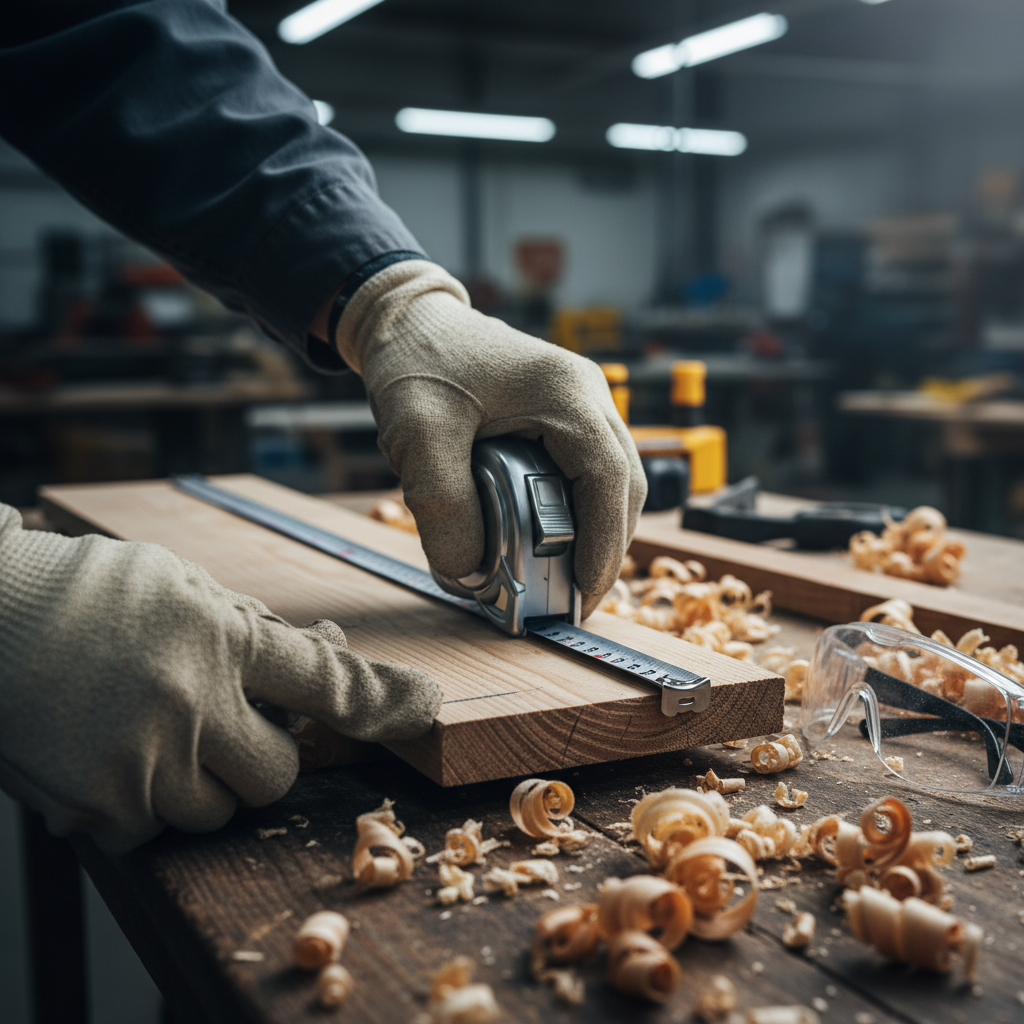 Close-up of contractor measuring lumber, illustrating tools and equipment coverage for contractors in Ontario