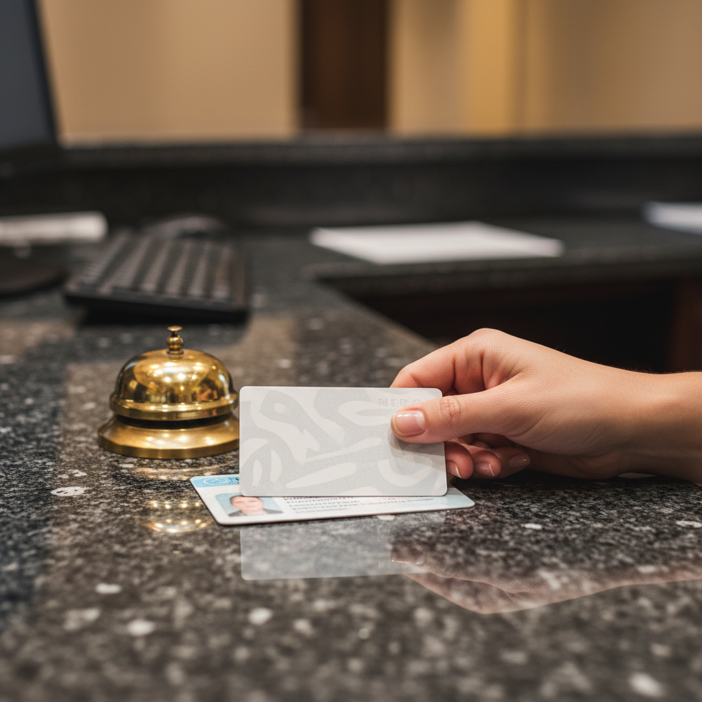 Close-up of a guest placing a key card and ID on a motel front desk during check-in, illustrating front desk hours and late-arrival coordination in North Conway