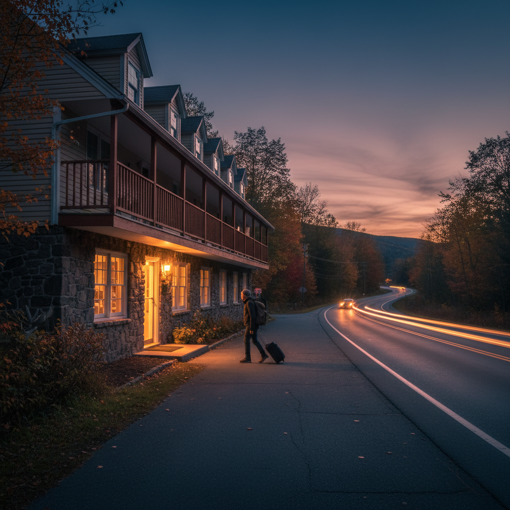Evening arrival at a roadside motel office on White Mountain Highway, traveler with suitcase heading to a warmly lit entrance, illustrating late-arrival planning