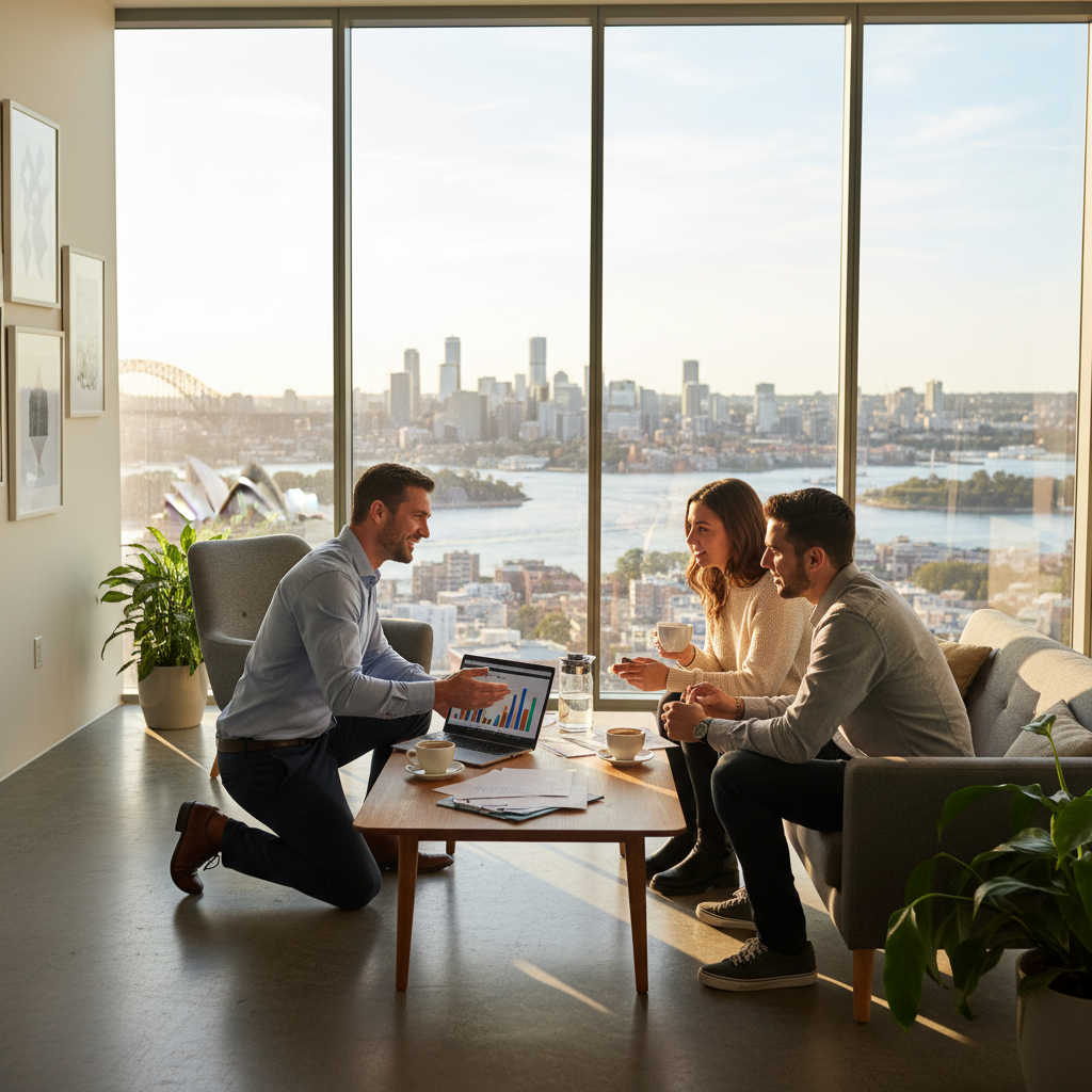 Mortgage broker meeting with clients to review stamp duty calculator Australia scenarios and lending timelines in a modern office