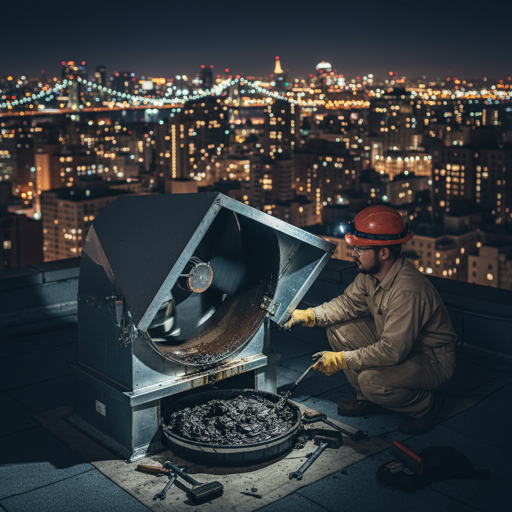 Rooftop exhaust fan maintenance at night with hinge kit and grease containment; technician servicing commercial kitchen ventilation in Ontario