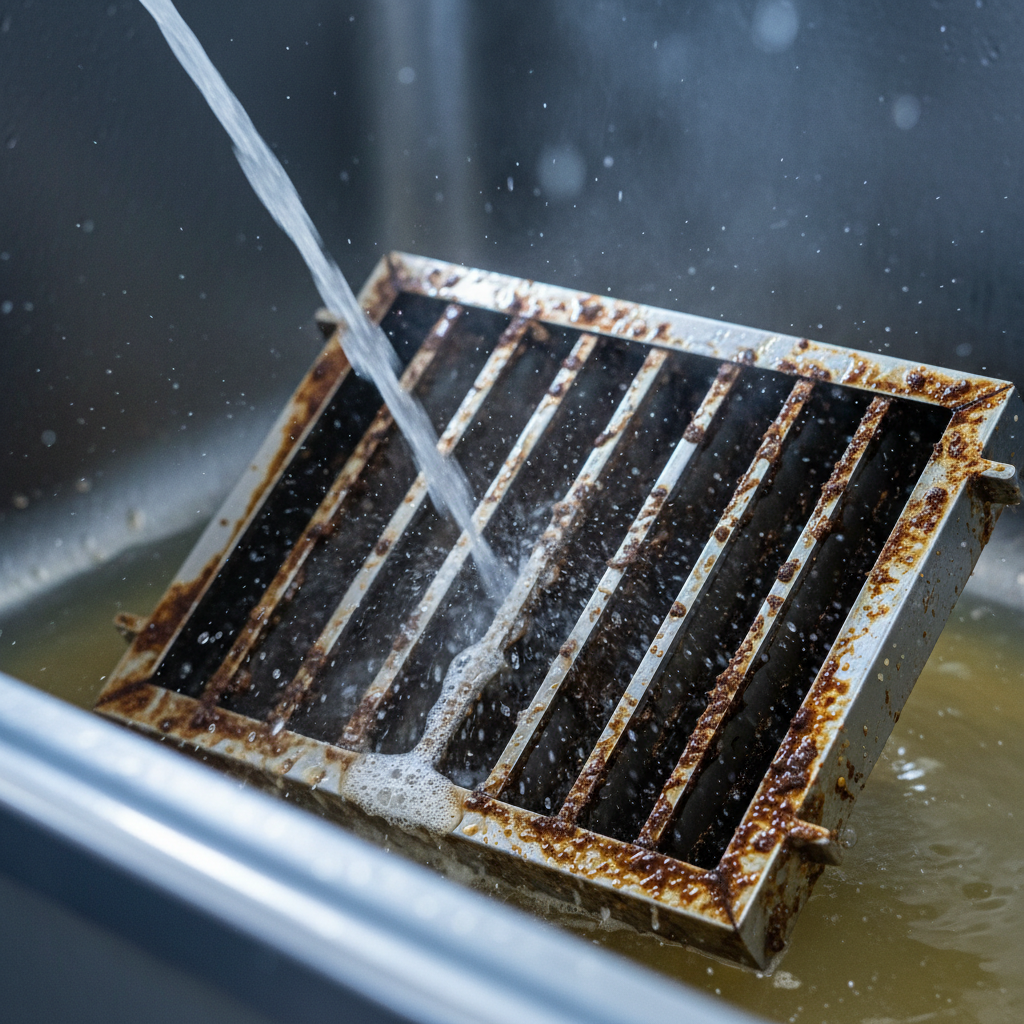 Close-up of baffle filter cleaning for a commercial kitchen hood; degreaser and hot water removing grease buildup in line with NFPA 96