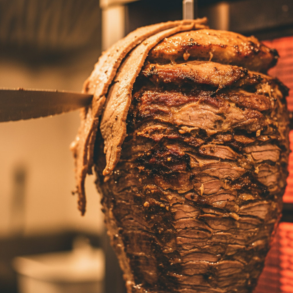 Close-up of shawarma meat shaved from rotisserie, showing authentic Middle Eastern texture and char for best shawarma delivery Toronto
