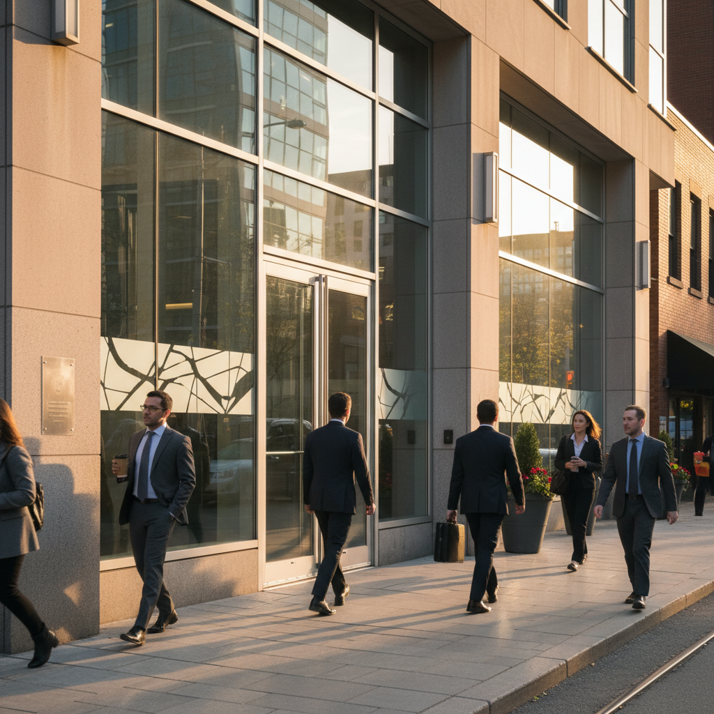 Street-level Toronto law office entrance scene representing in-person support for the property title transfer process in Canada