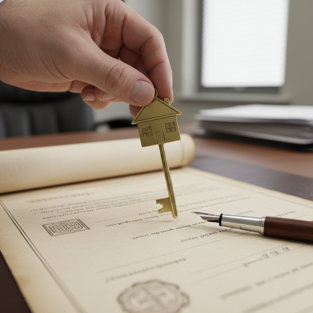 Close-up of house key and pen over land transfer document in the property title transfer process Canada