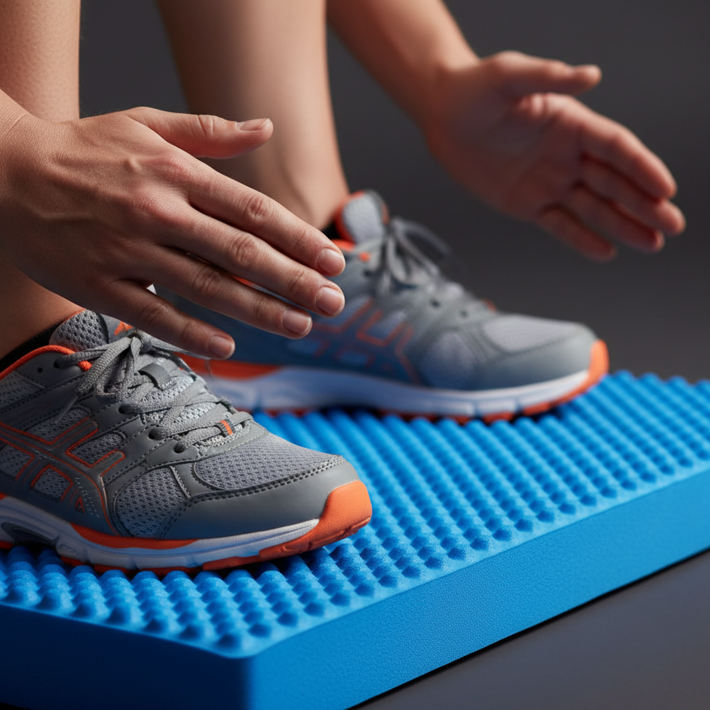 Close-up of feet on a blue balance foam pad during vestibular therapy exercises for balance with therapist guarding at hips
