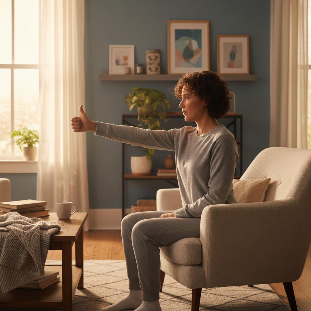 Side-angle of a person practicing a VOR gaze-stabilization drill at home to improve balance and reduce dizziness
