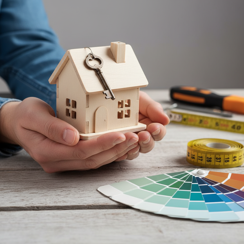 Close-up of hands holding a house model and key on a wooden table, illustrating hiring real estate professionals online for secure transactions