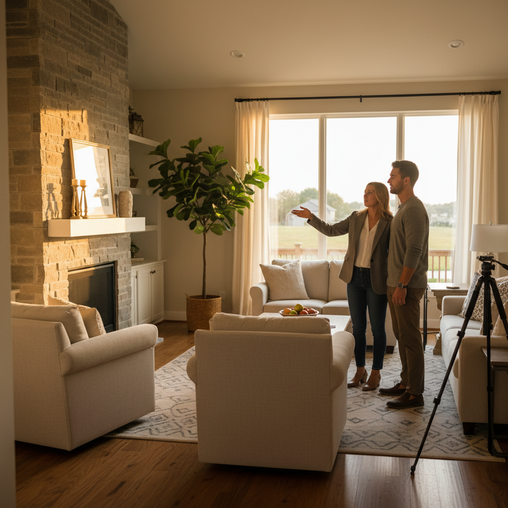Real estate professional guiding a couple through a staged living room during a home viewing, showing how online hiring supports in-person showings