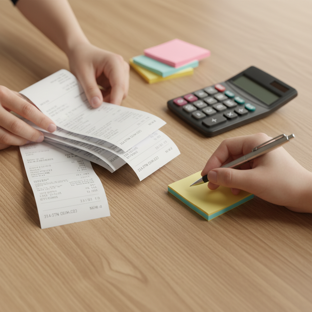 Close-up of tax planning workflow with receipts, calculator, and organized notes for small business owners in Parramatta