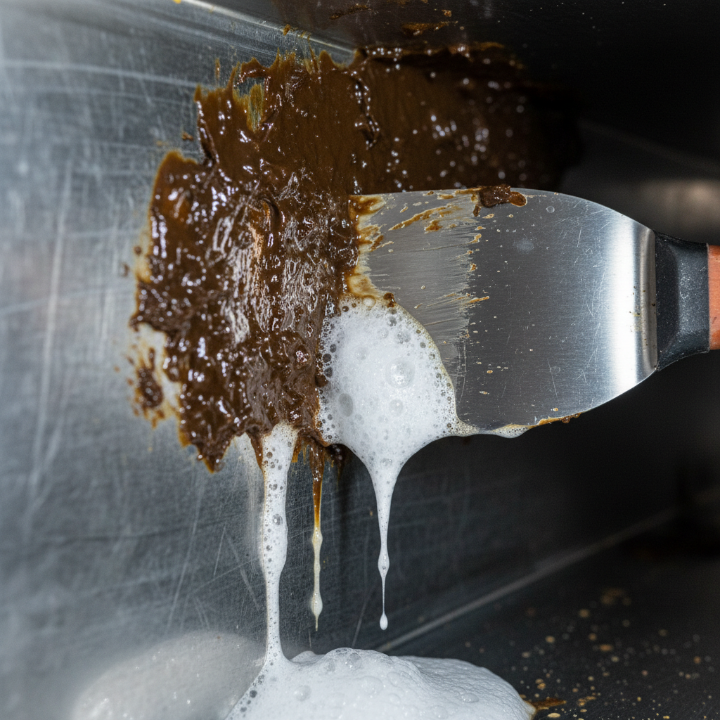 Close-up of grease buildup being scraped inside a commercial exhaust duct, demonstrating exhaust duct cleaning benefits for fire hazard reduction