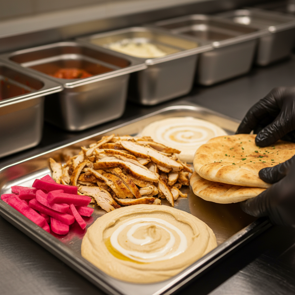 Close-up of corporate catering shawarma assembly line with hummus, tahini, pickled turnips, and warm pitas for office buffet in Toronto