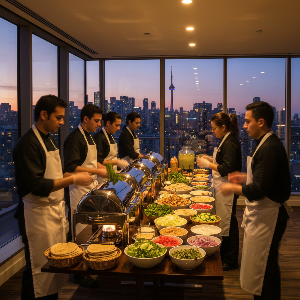 Catering team setting up a build-your-own shawarma bar with chafing dishes and salads in a Toronto boardroom with skyline view