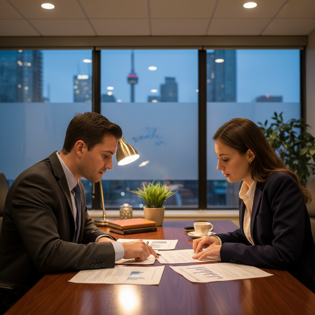 Attorney and client reviewing a Canadian power of attorney in a Toronto law office, illustrating practical guidance and review