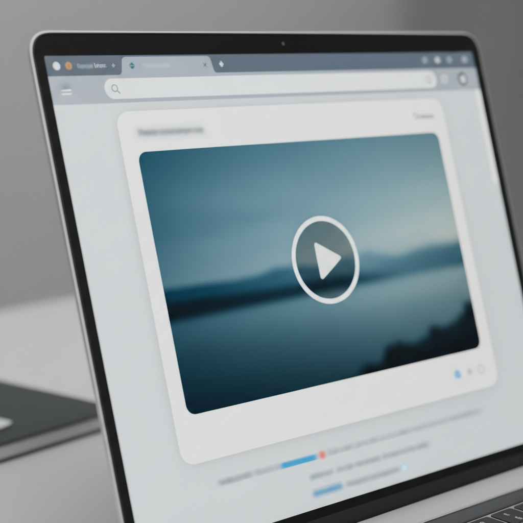 Close-up of a modern webpage with an embedded video player thumbnail, illustrating YouTube video embedding SEO benefits on a laptop screen