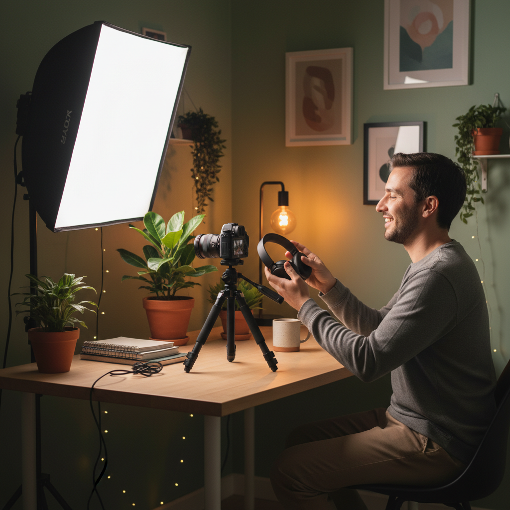 Content creator recording a product demo in a small studio with camera and softbox, representing the production side of YouTube videos for SEO
