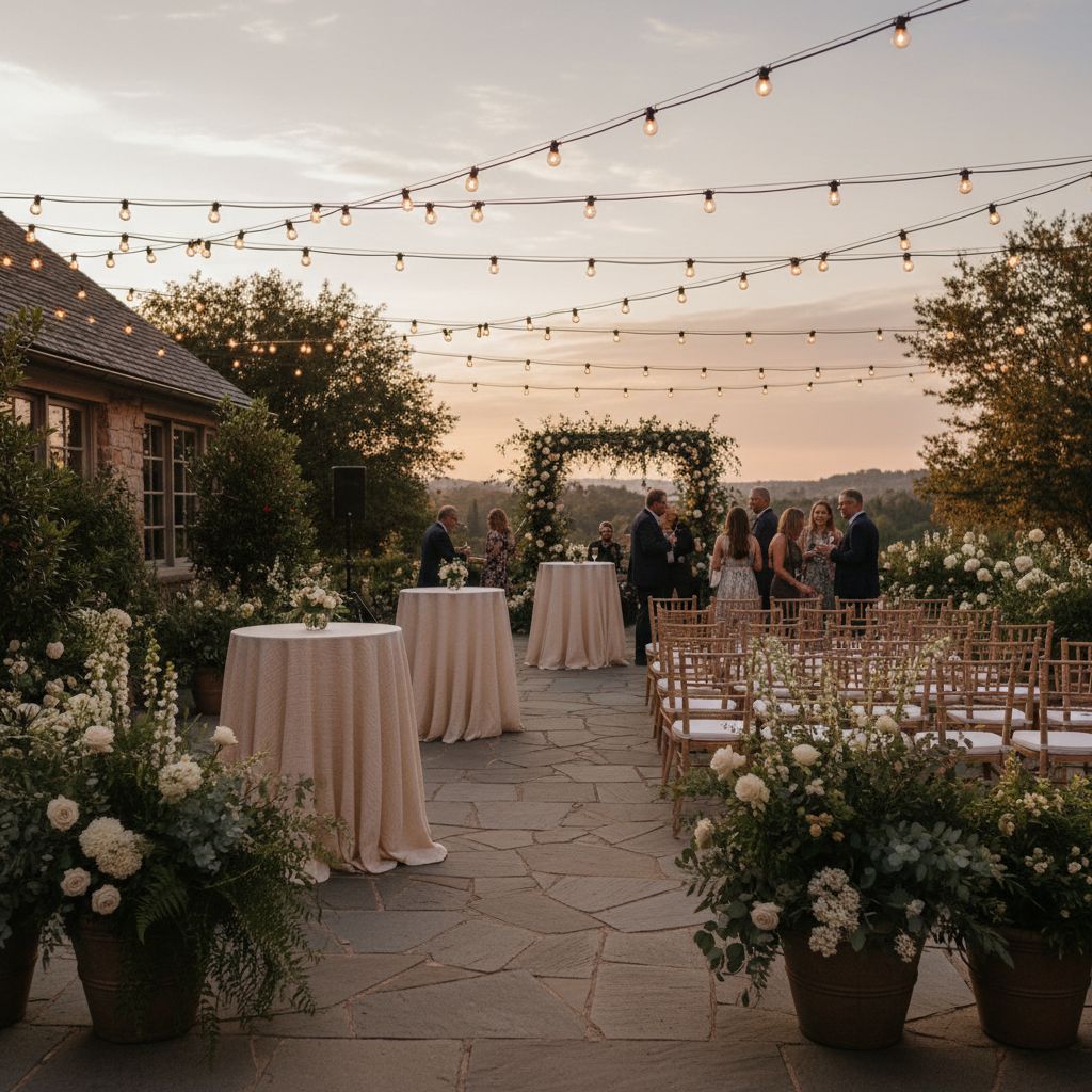 Outdoor patio wedding setup at dusk with string lights, ideal for cocktail hour timing in a wedding reception schedule