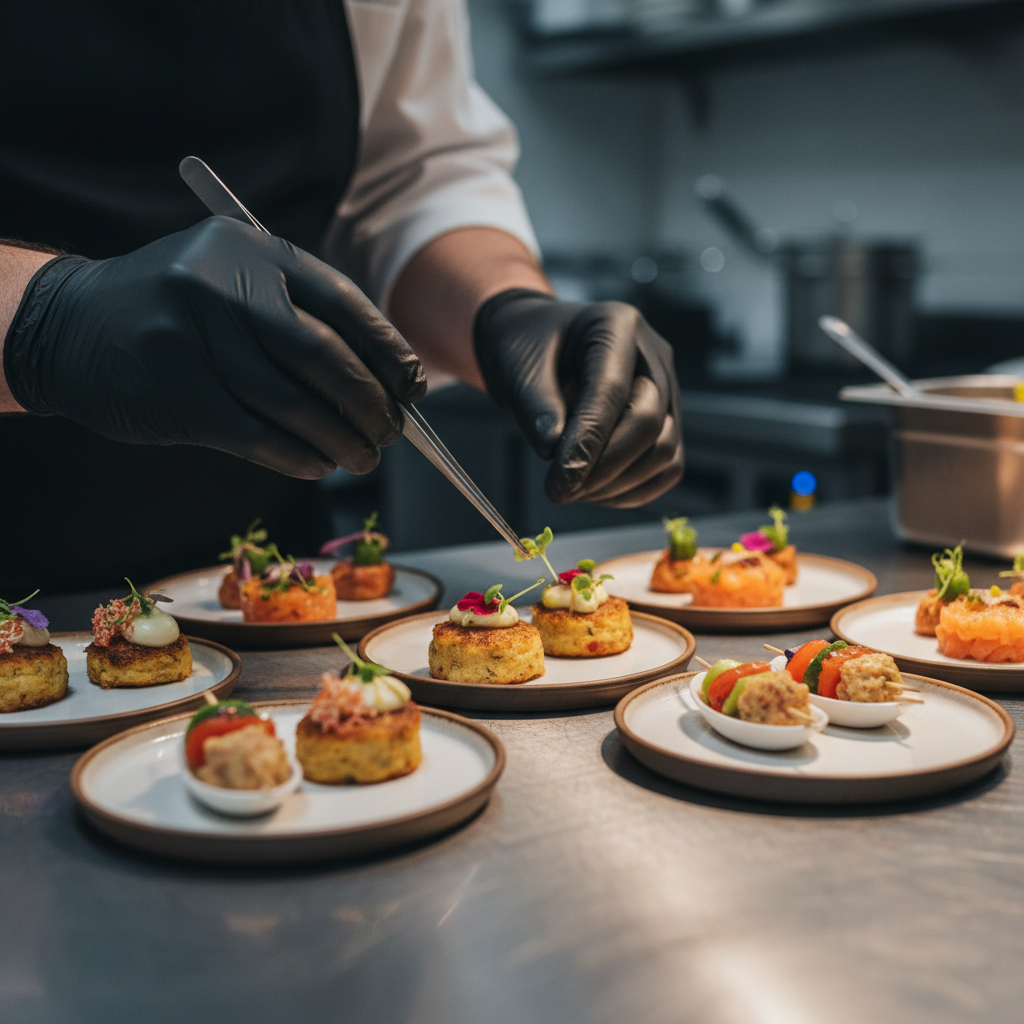 Chef plating hors d’oeuvres close-up illustrating catering pacing for wedding reception timeline planning