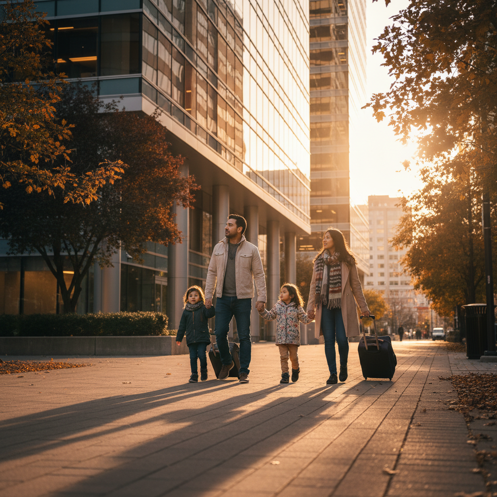 Newcomer family near a modern Brampton office building, reflecting successful Express Entry through the federal skilled worker program
