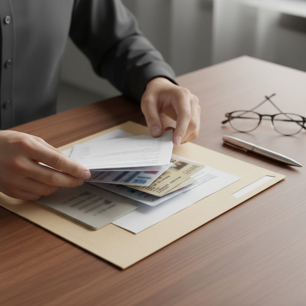 Close-up of hands organizing immigration documents, IDs, and evidence for a federal skilled worker program application