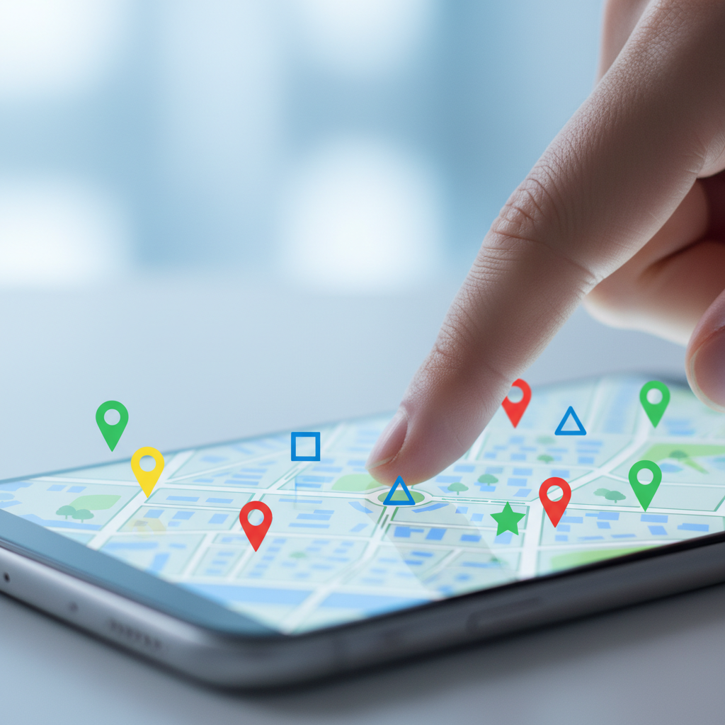 Close-up of a real estate app showing a property discovery map with pins on Houseup, illustrating search filters and saved searches in American English context