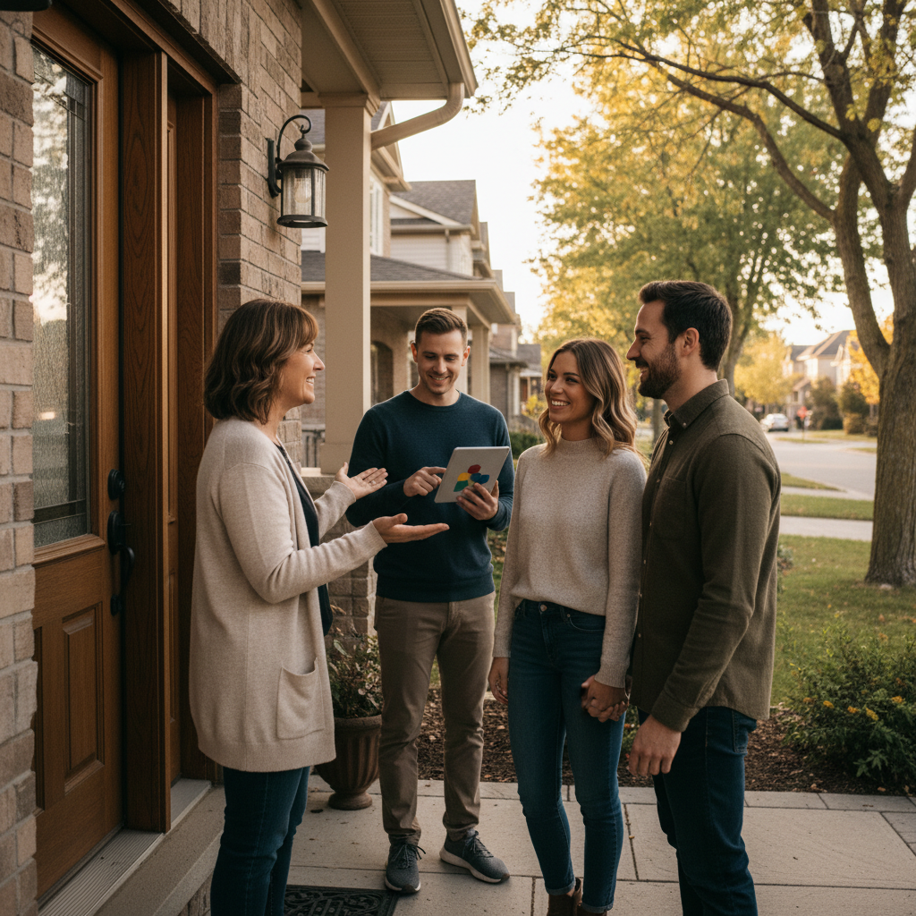 Side-angle scene of a viewing confirmation at a suburban home in Aurora, Ontario, demonstrating in-app scheduling and verification on Houseup