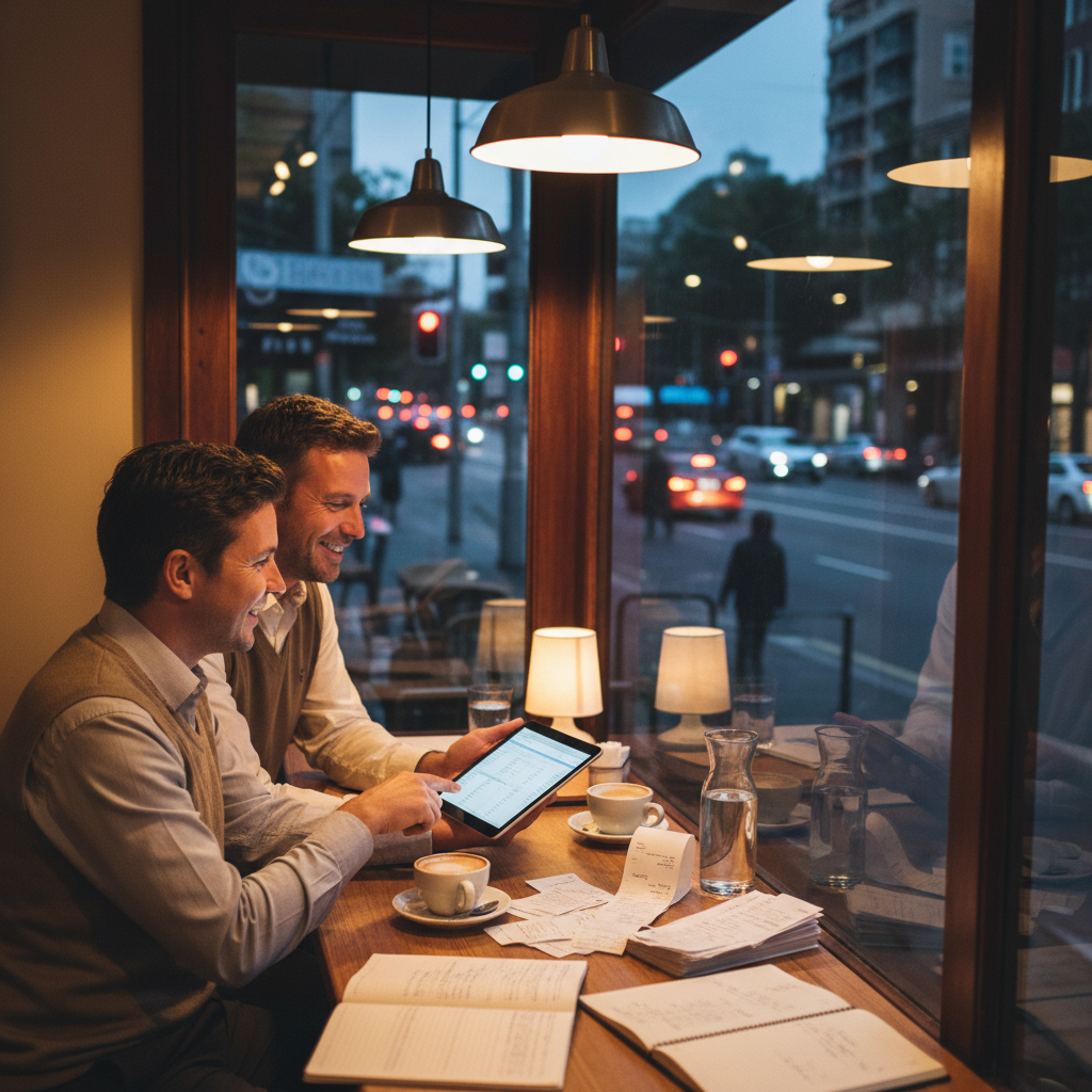 Sydney small business owner meeting an accountant to review MYOB bookkeeping data and receipts in a cafe setting