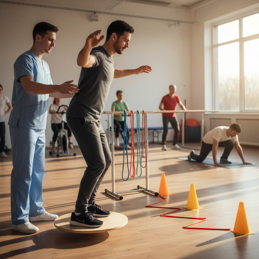 Balance training progression in Whitby clinic during motor vehicle accident recovery with therapist support