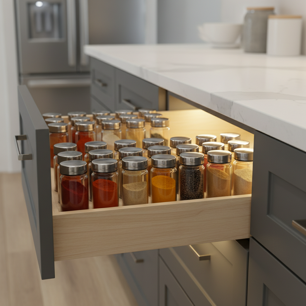 Custom Kitchen Design Ideas for GTA Homes (2026 Guide) 1 Close-up of a custom pull-out spice rack in a GTA kitchen renovation with organized glass jars and under-cabinet lighting