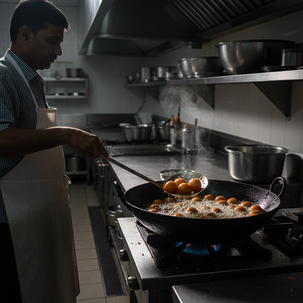 Halwai frying gulab jamun in a karahi, showing traditional preparation for premium mithai in Brampton