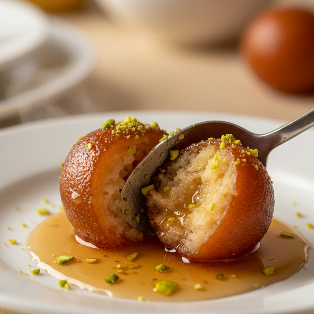 Close-up of the best gulab jamun sweets in Brampton showing soft interior and clear syrup