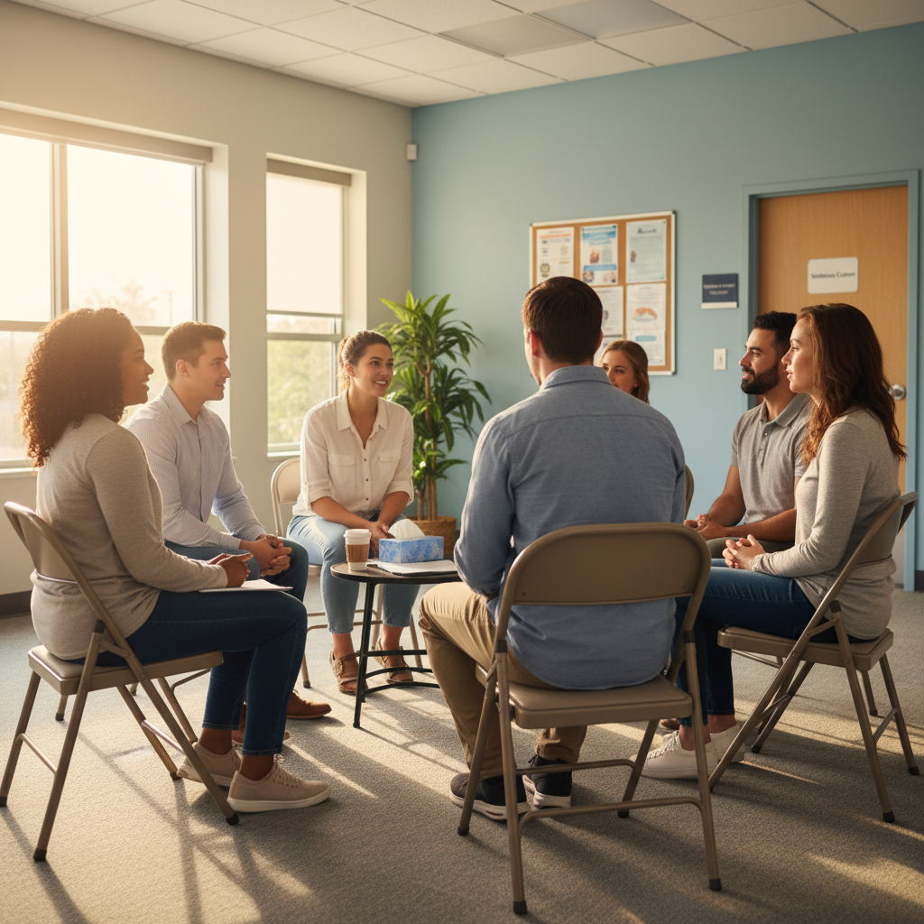 Support group in Ontario clinic demonstrating community-based, evidence-based opioid addiction care