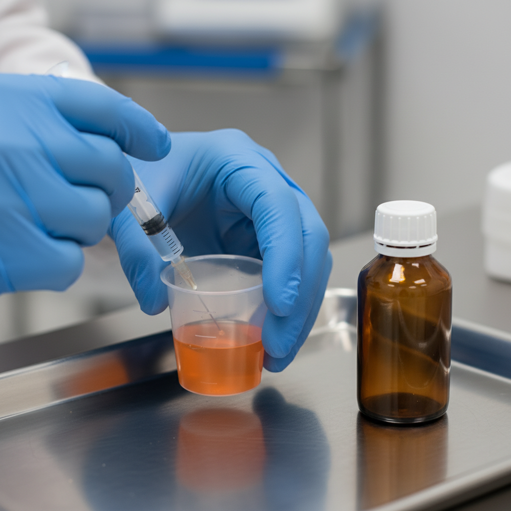 Close-up of measured methadone or buprenorphine dose in a clinical setting for evidence-based opioid addiction care