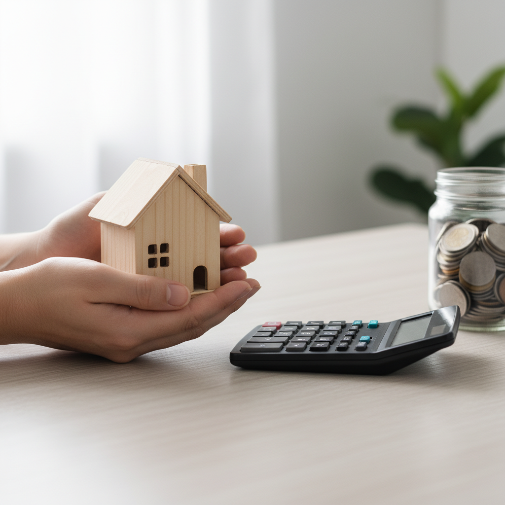 Close-up of house model, calculator, and coins illustrating rent vs buy financial comparison and equity trade-offs