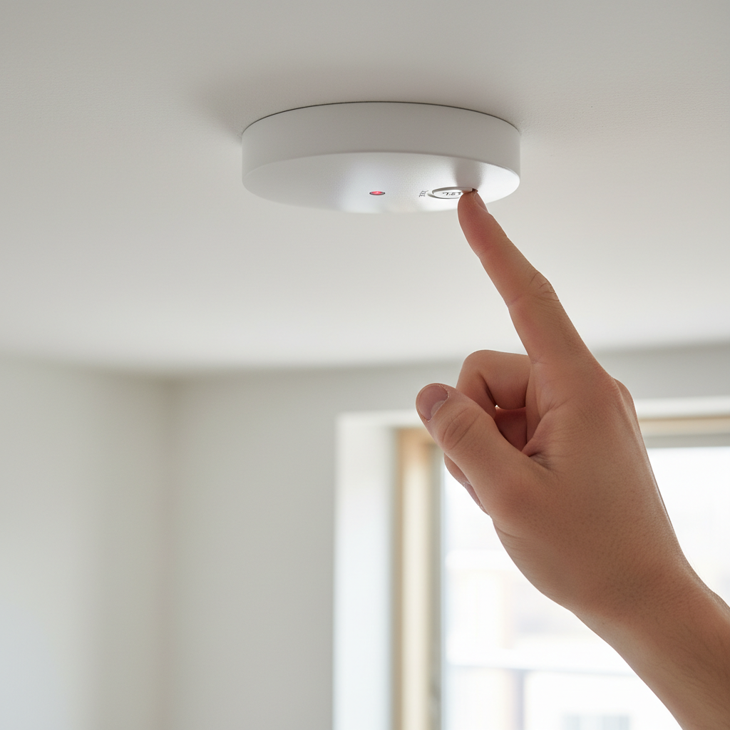 Close-up smoke alarm test in rental unit for landlord insurance safety checklist in Ontario