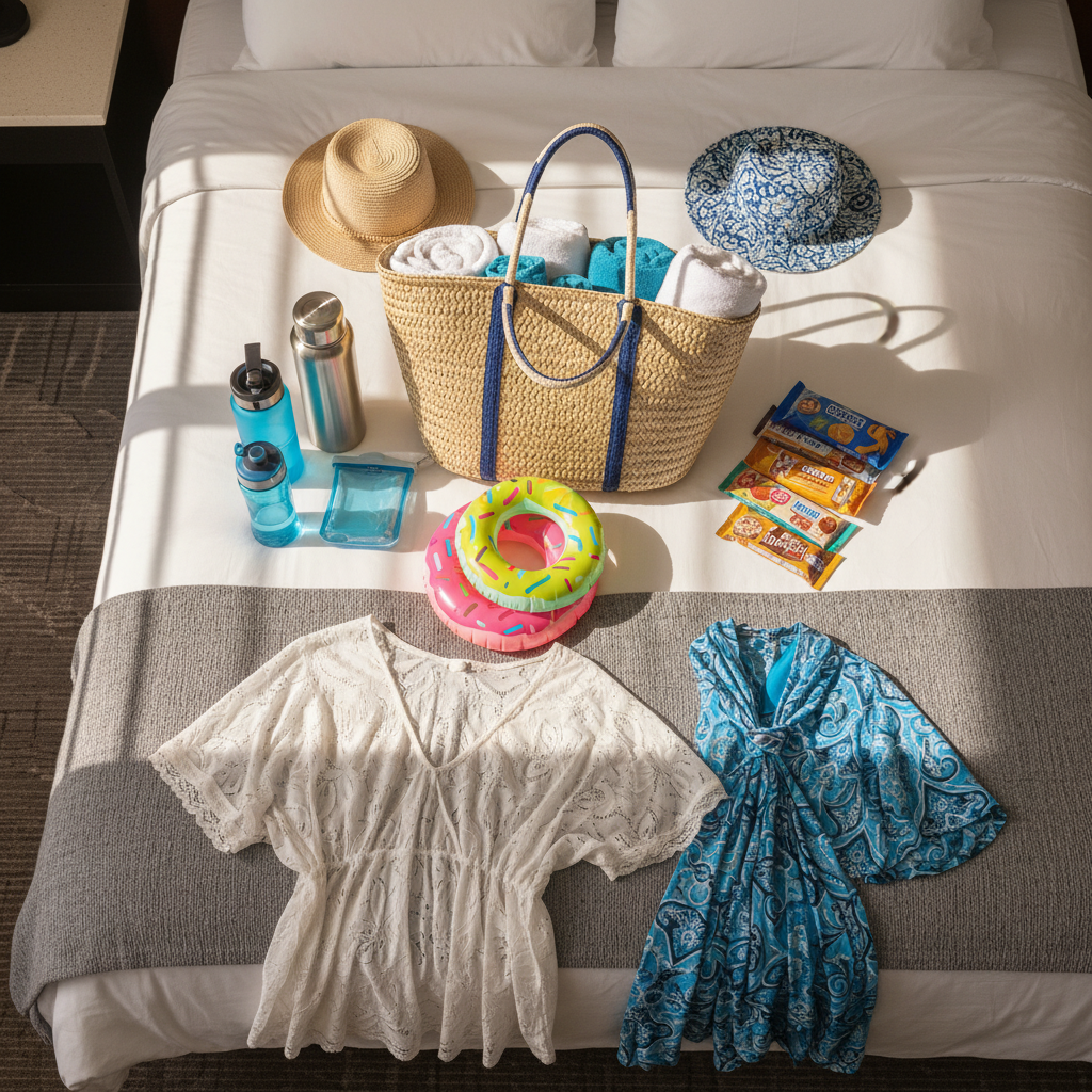 Top‑down view of an organized family motel pool day kit on a Briarcliff Motel bed: pool bag, hats, floaties, water bottles, and cover‑ups for easy planning