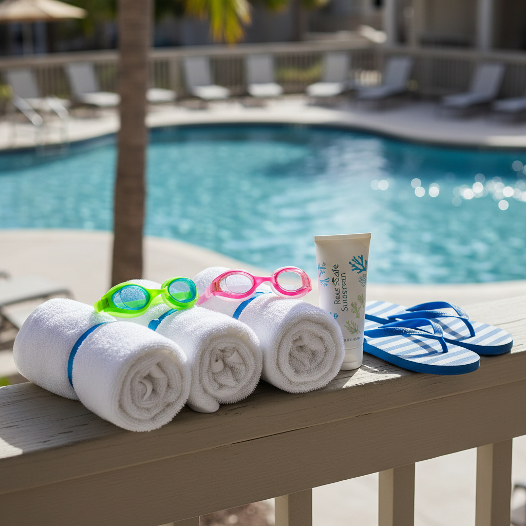 Close-up of family motel pool essentials at Briarcliff Motel: towels, kids’ goggles, reef-safe sunscreen, and flip-flops staged on a porch with the heated pool blurred